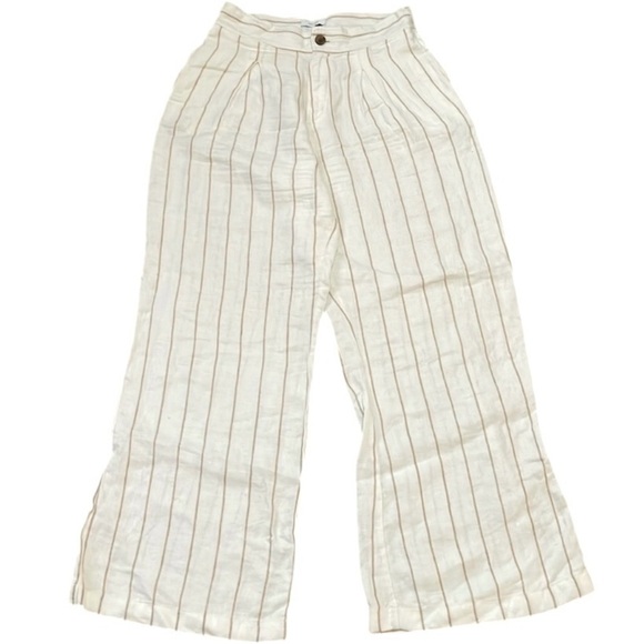 H Halston wide leg linen pants Cream Tan stripe Pleated Womens size 4 Relaxed - Picture 9 of 9
